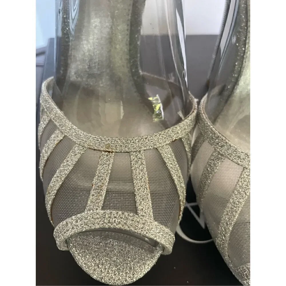 Adrianna Papell Silver Peep Toe Mesh Platform Heels Metallic Size 9M